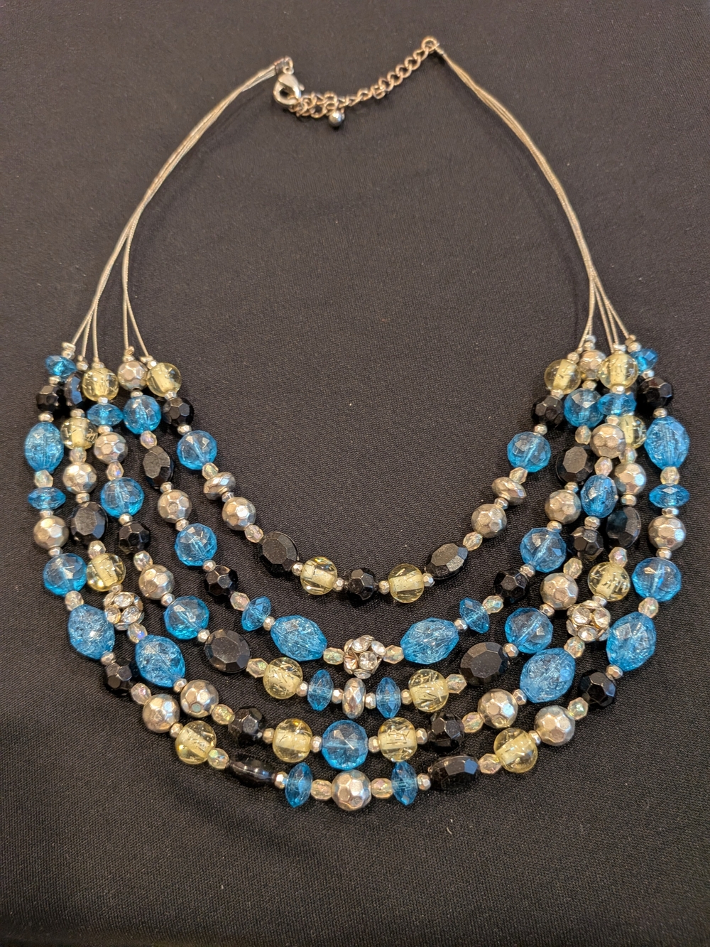 Multi-Strand Blue and Gold Beaded Statement Necklace 11"